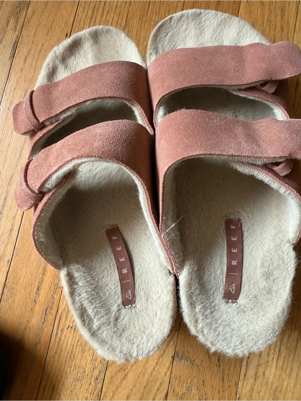 Reef Suede Double-Strap Faux-Fur Slide Platform Sandals - Mauve Pink 8